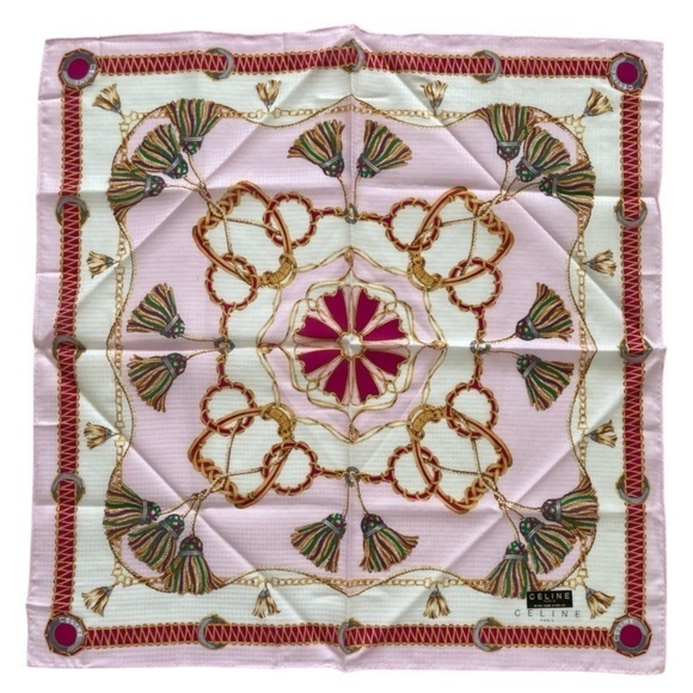Authentic Celine Vintage Pink and Gold Patterned Silk Handkerchief